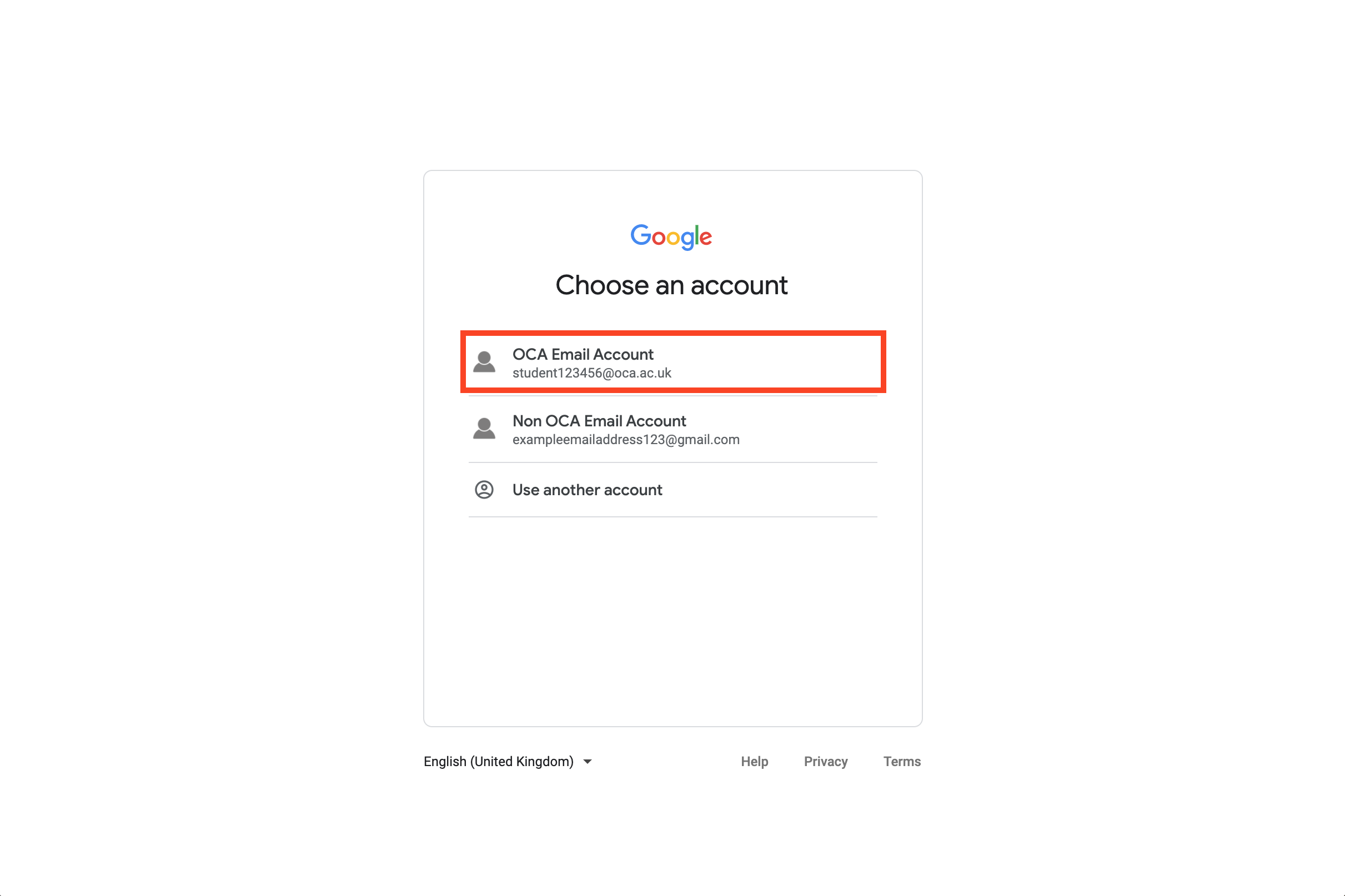 The 'Choose your account' page, you'll encounter when signing into OCA Spaces while signed into multiple Google accounts.