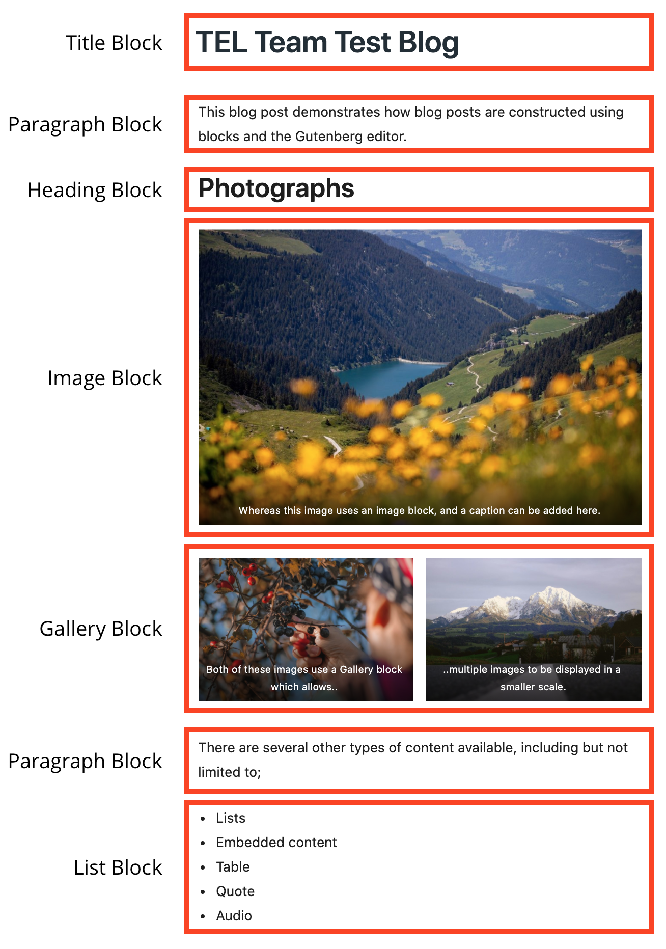 Screenshot of the Gutenberg editor with the contents of a blog post broken down into their respective block types.
