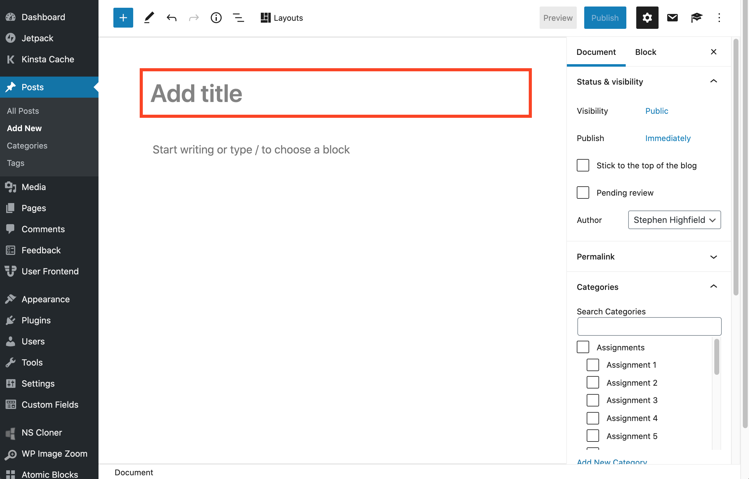 The Gutenberg editor with the "Add Title" text highlighted in red.