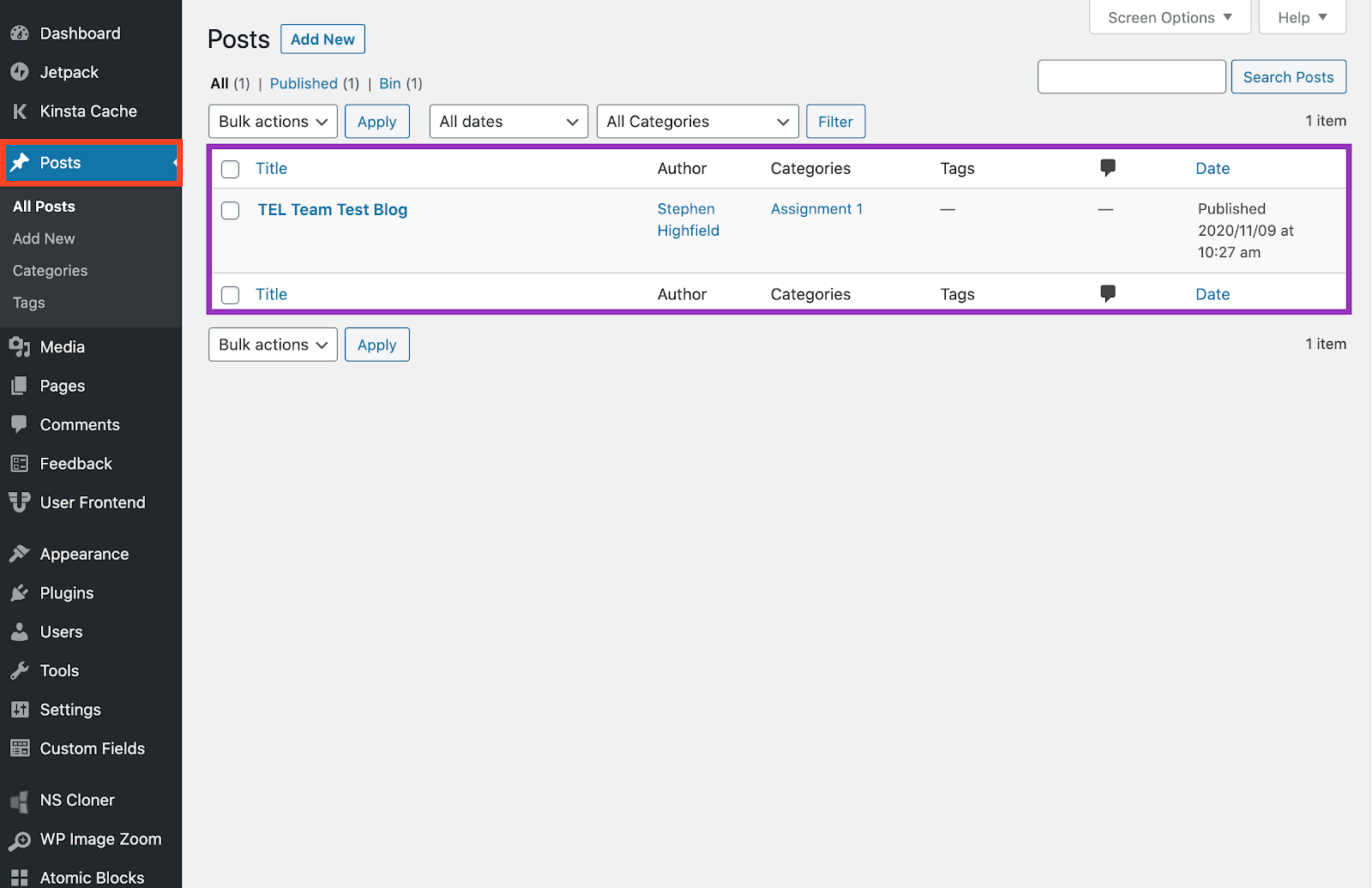 The 'Posts' interface, with the 'Posts' option highlighted in red and existing posts highlighted in purple.
