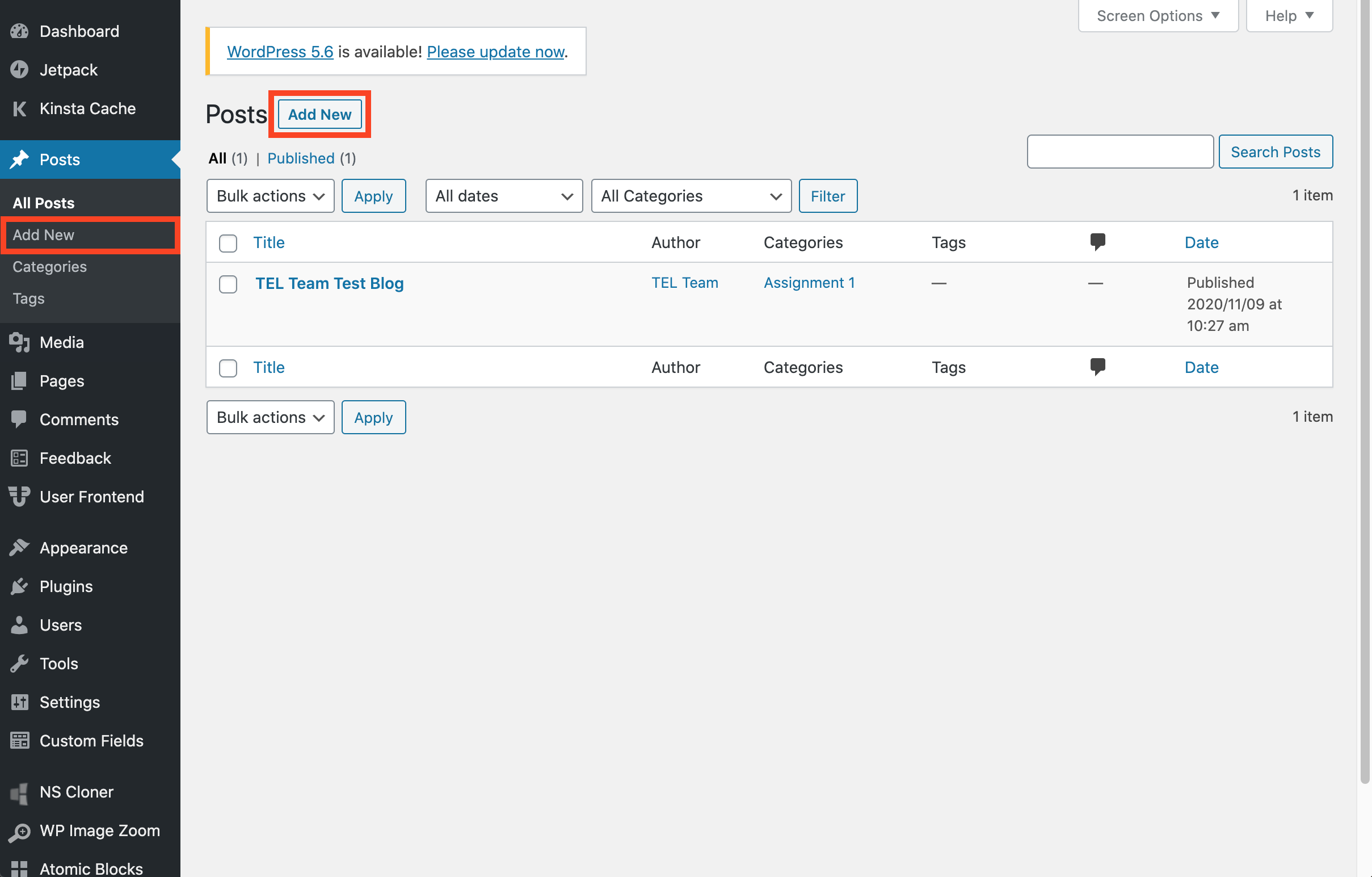 The 'Posts' interface with the 'Add New [Post]' option highlighted in red.