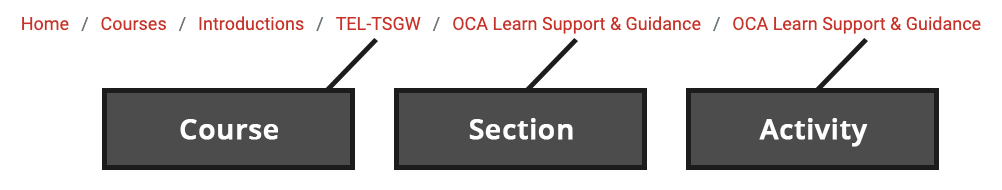Screenshot of the OCA Learn interface demonstrating the breadcrumb trail.