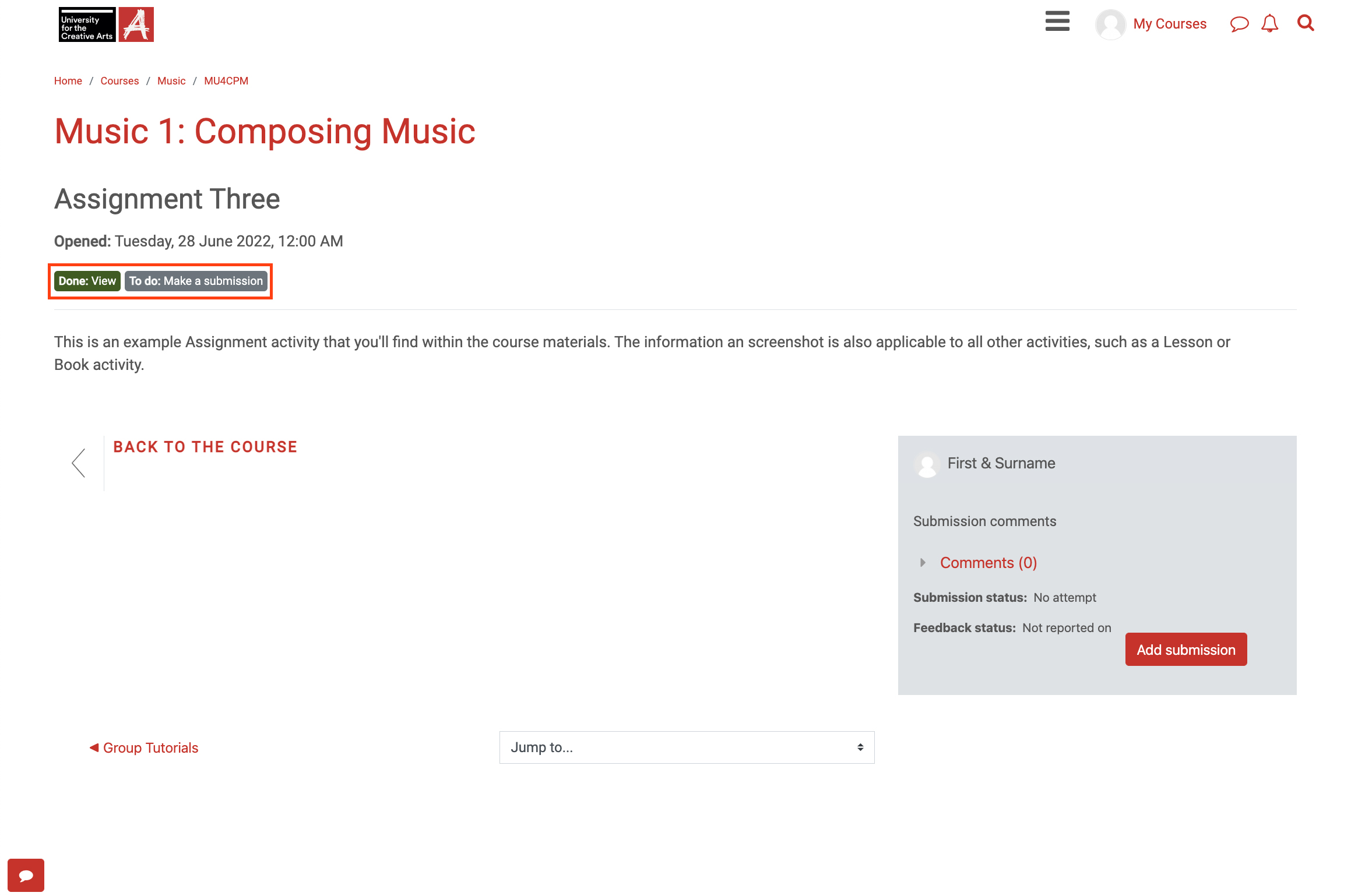 Screenshot demonstrating the completion criteria, highlighted in red, when accessing an activity with automatic completion.
