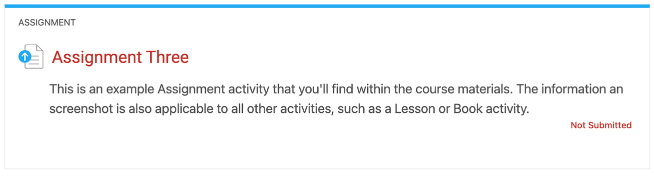 Screenshot demonstrating an Assignment activity with no activity completion.