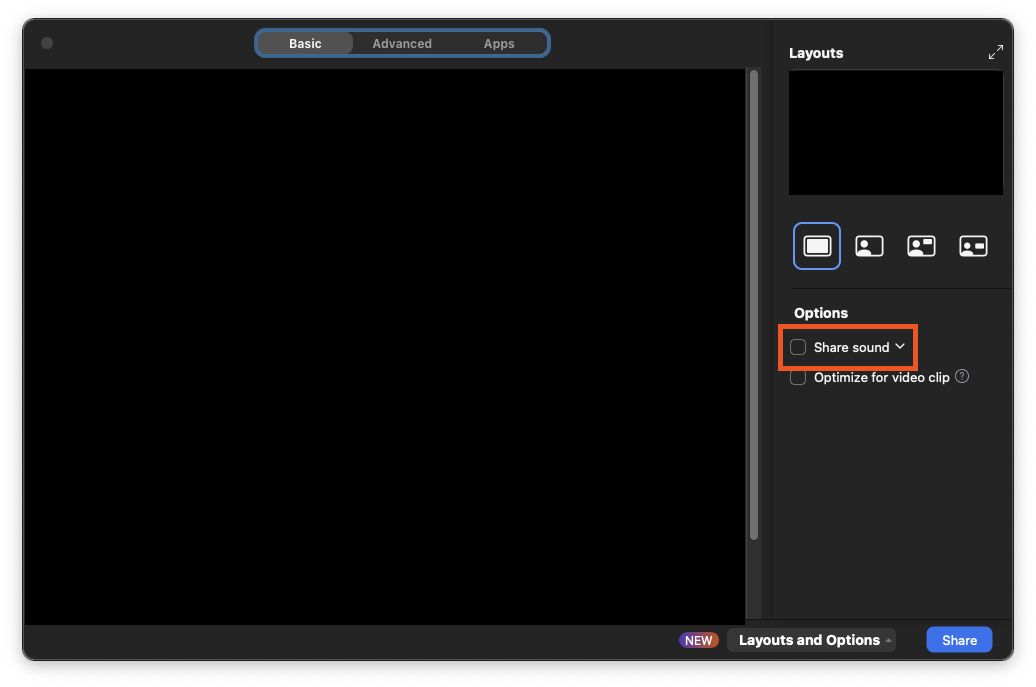 The 'share screen' pop-up window, applicable when screen sharing using the Zoom application.